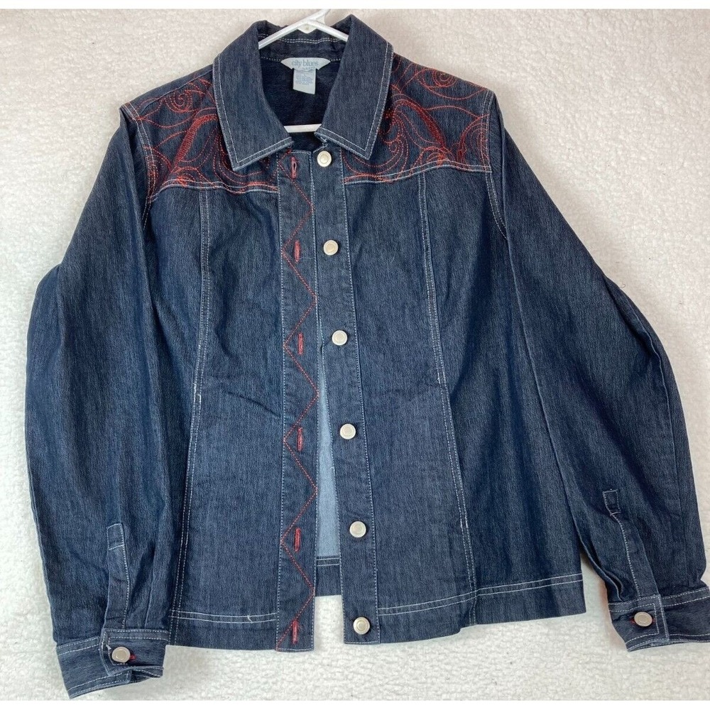 City Blues by Koret Denim Jacket Women's Size Large Red Embroidery Western Y2K